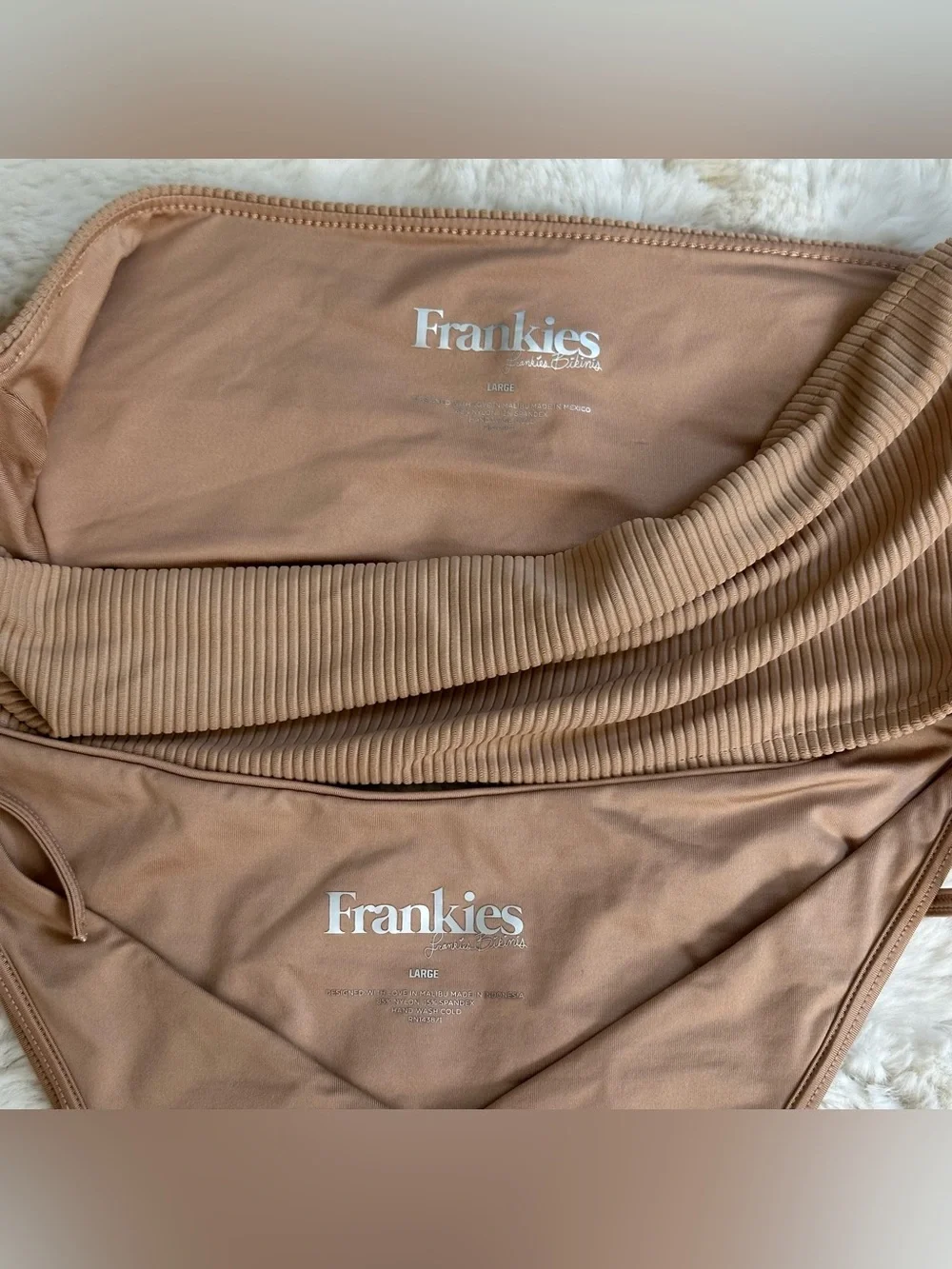 Frankie's Bikini's tan jenna ribbed bandeau bikini top and matching tie bottoms
